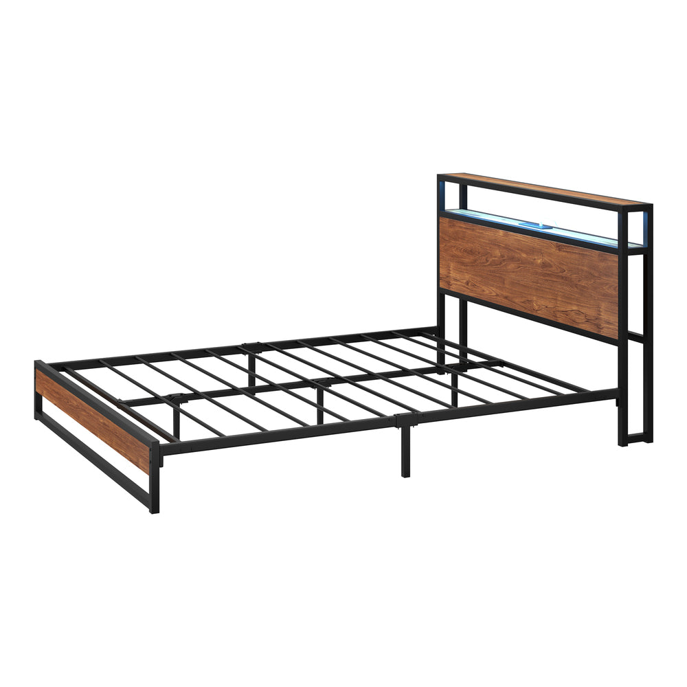 Oikiture Metal Bed Frame Queen Size LED Storage Headboard USB Charge-Metal Bed Frame-PEROZ Accessories