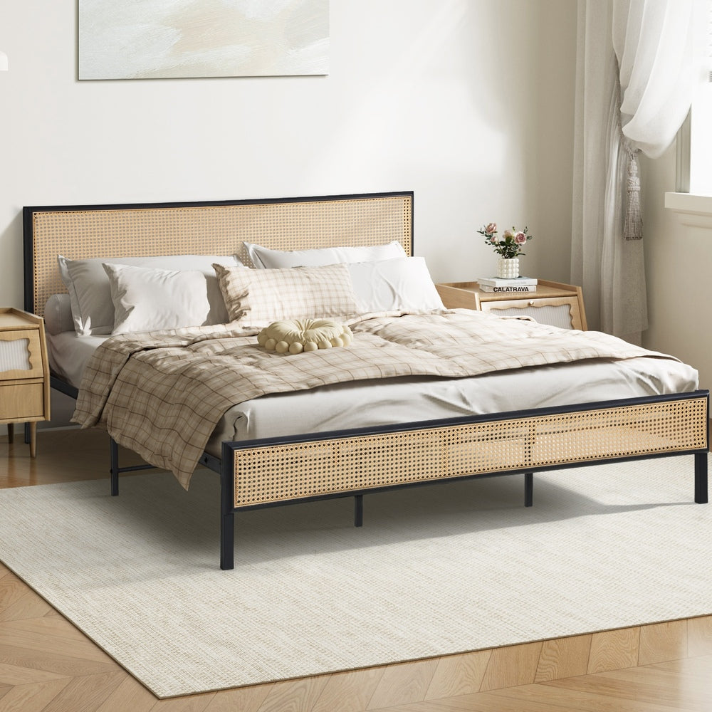 Oikiture Metal Bed Frame King Size with Rattan Board-Metal Bed Frame-PEROZ Accessories