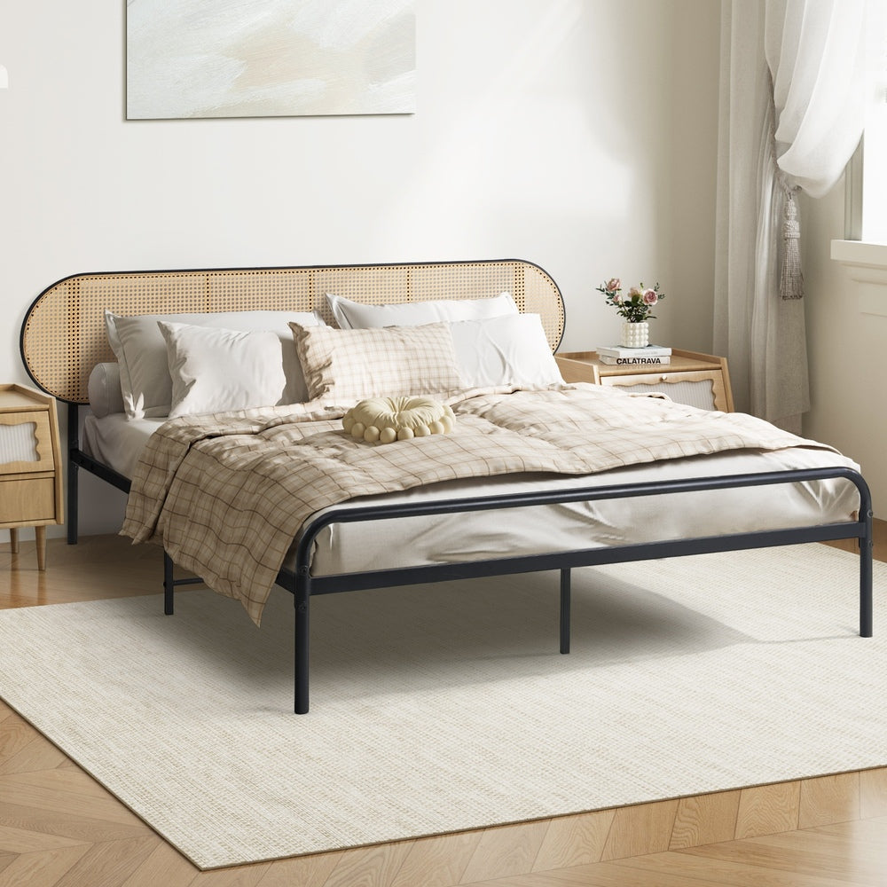 Oikiture Bed Frame Double Metal Base Rattan Headboard-Metal Bed Frame-PEROZ Accessories