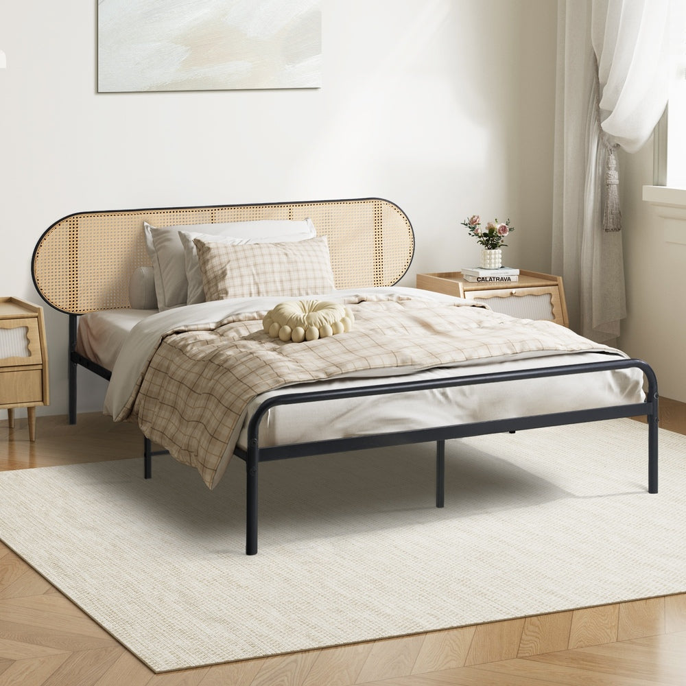 Oikiture Bed Frame King Single Metal Base Rattan Headboard-Metal Bed Frame-PEROZ Accessories