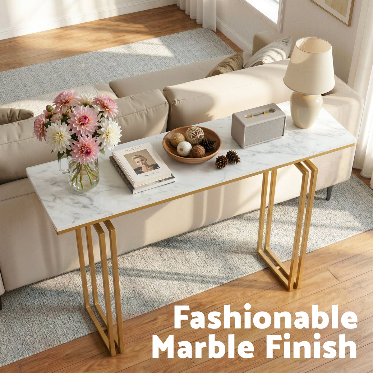 Artiss Console Table Hallway Entryway Table Marble Effect 110CM White & Gold-Furniture > Living Room > Side Tables-PEROZ Accessories