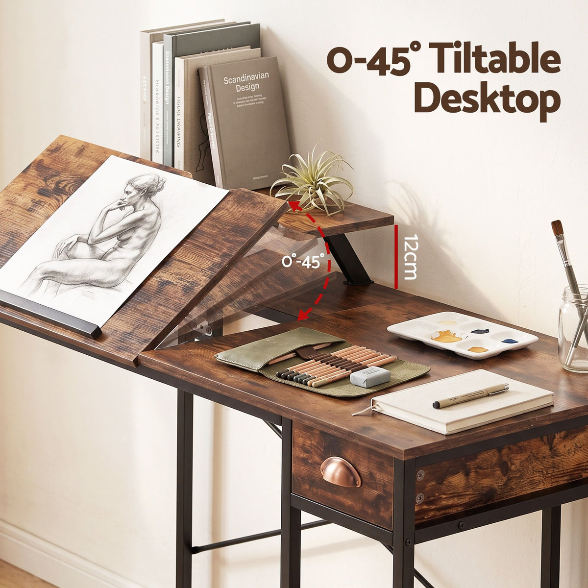 Artiss Computer Desk Drafting Drawing Table Tiltable Top Rustic Brown 108cm-Furniture > Office > Desks-PEROZ Accessories