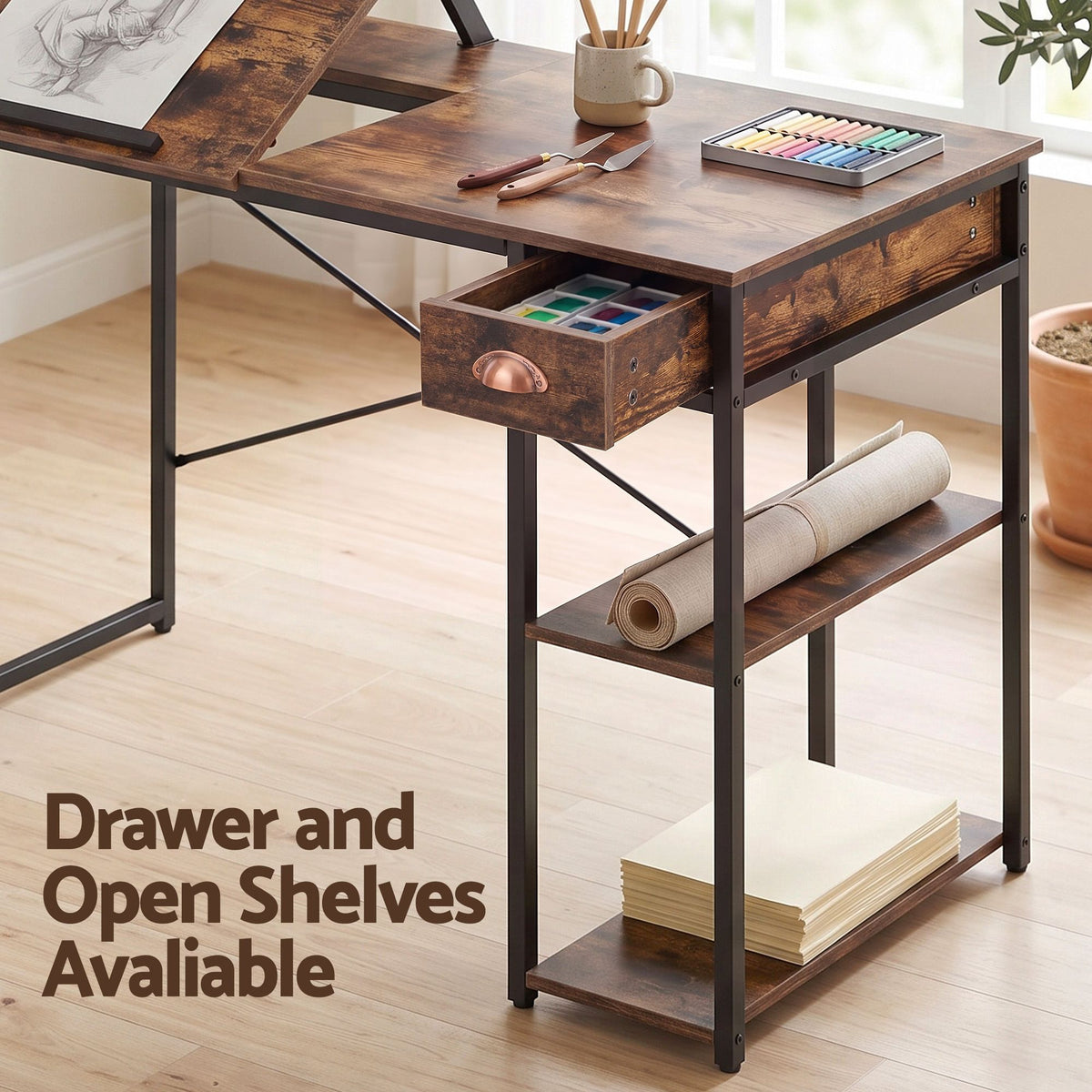 Artiss Computer Desk Drafting Drawing Table Tiltable Top Rustic Brown 108cm-Furniture > Office > Desks-PEROZ Accessories