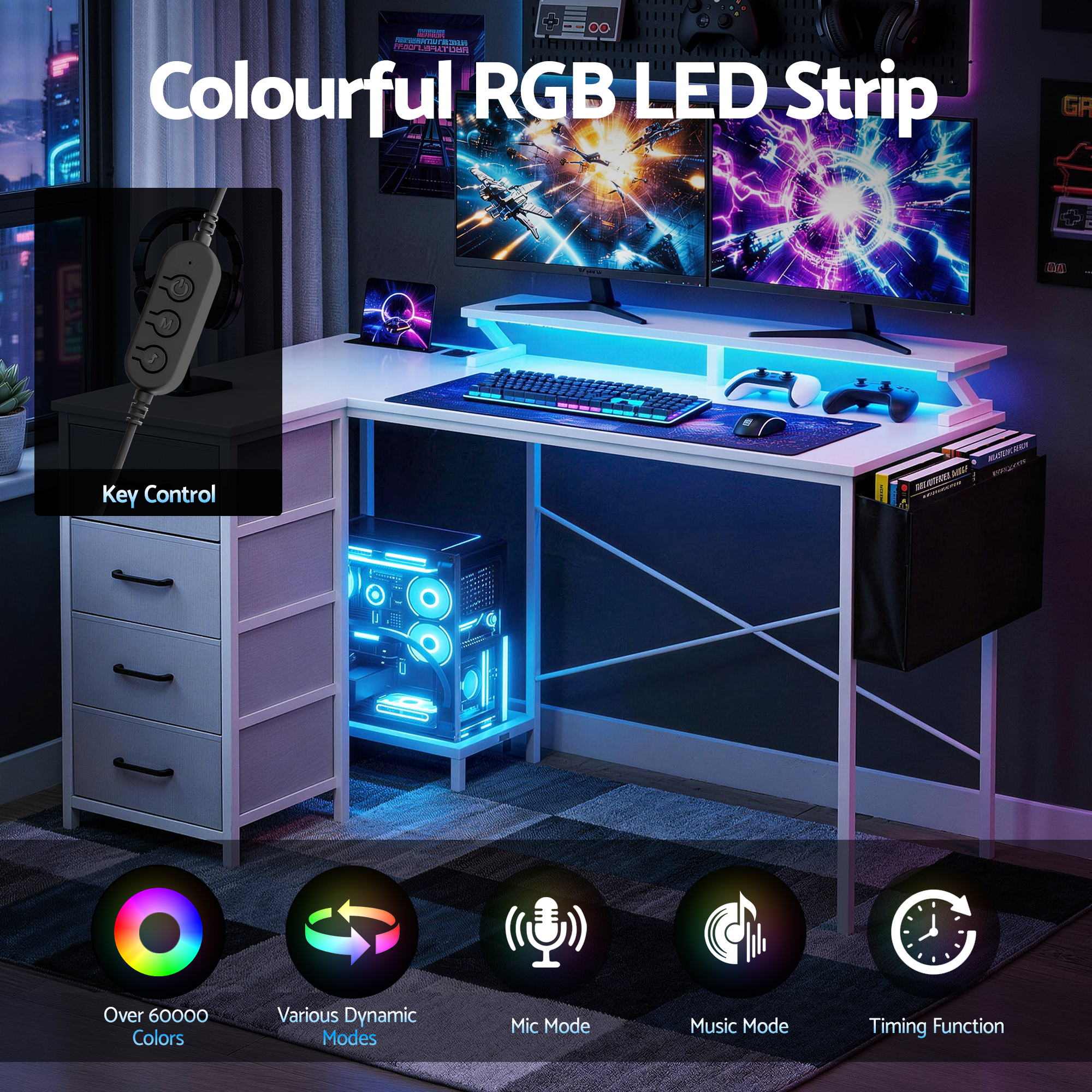Artiss 140cm L Shaped Gaming Desk Computer Desk with LED Lights & Power Outlets-Furniture > Office > Desks-PEROZ Accessories
