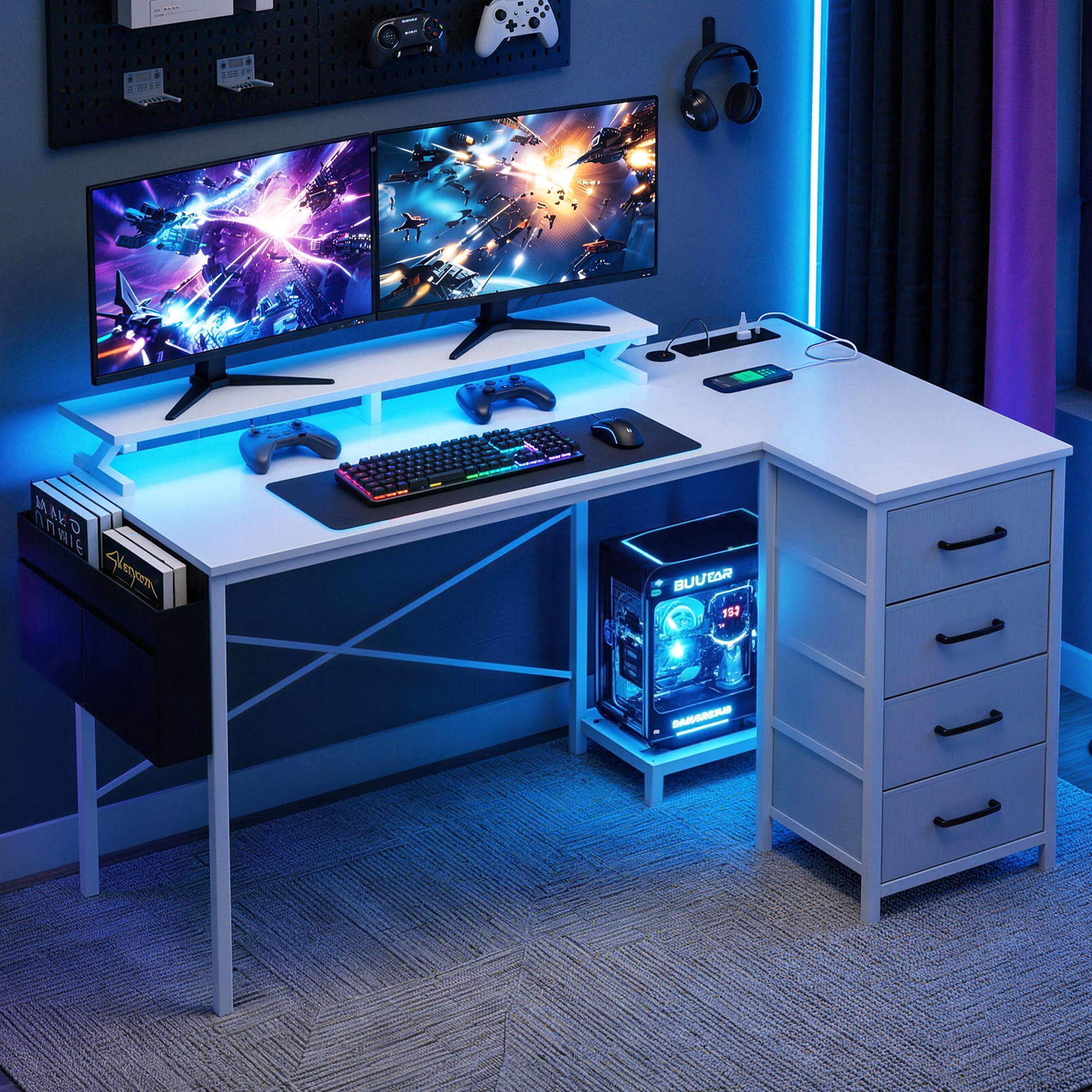 Artiss 140cm L Shaped Gaming Desk Computer Desk with LED Lights & Power Outlets-Furniture > Office > Desks-PEROZ Accessories