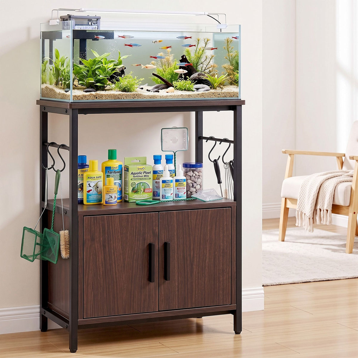 Artiss 20 Gallon Fish Tank Stand 3-Tier Aquarium Stand with Storage Cabinet and Open Shelf Walnut-Furniture > Living Room > Bookcases & Shelves-PEROZ Accessories