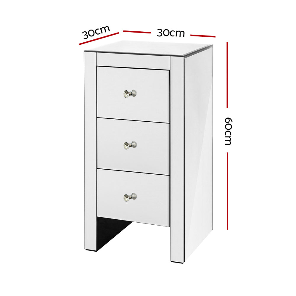Artiss Bedside Table 3 Drawers Mirrored - QUENN Silver-Bedside Tables-PEROZ Accessories