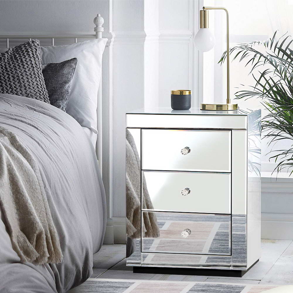 Artiss Bedside Table 3 Drawers Mirrored - PRESIA Silver-Bedside Tables-PEROZ Accessories