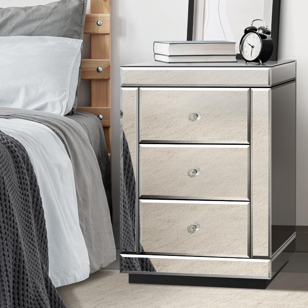 Oikiture Mirrored Bedside Table with 3 Drawers Home Storage Cabiner Nightstand End Table-BedSide Tabless-PEROZ Accessories