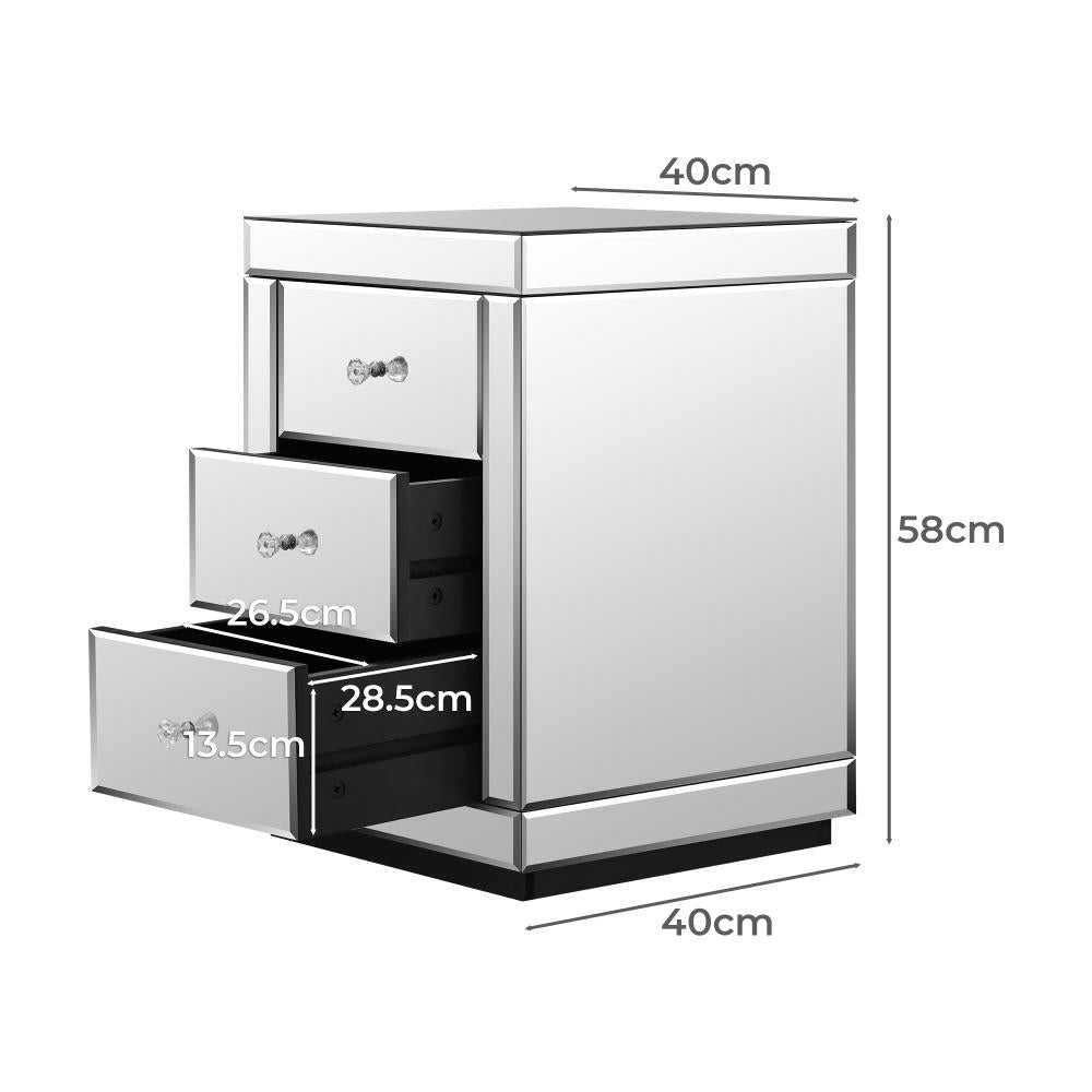 Oikiture Mirrored Bedside Table with 3 Drawers Home Storage Cabiner Nightstand End Table-BedSide Tabless-PEROZ Accessories