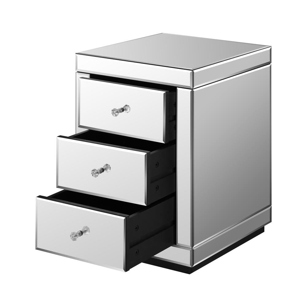 Oikiture Mirrored Bedside Table with 3 Drawers Home Storage Cabiner Nightstand End Table-BedSide Tabless-PEROZ Accessories
