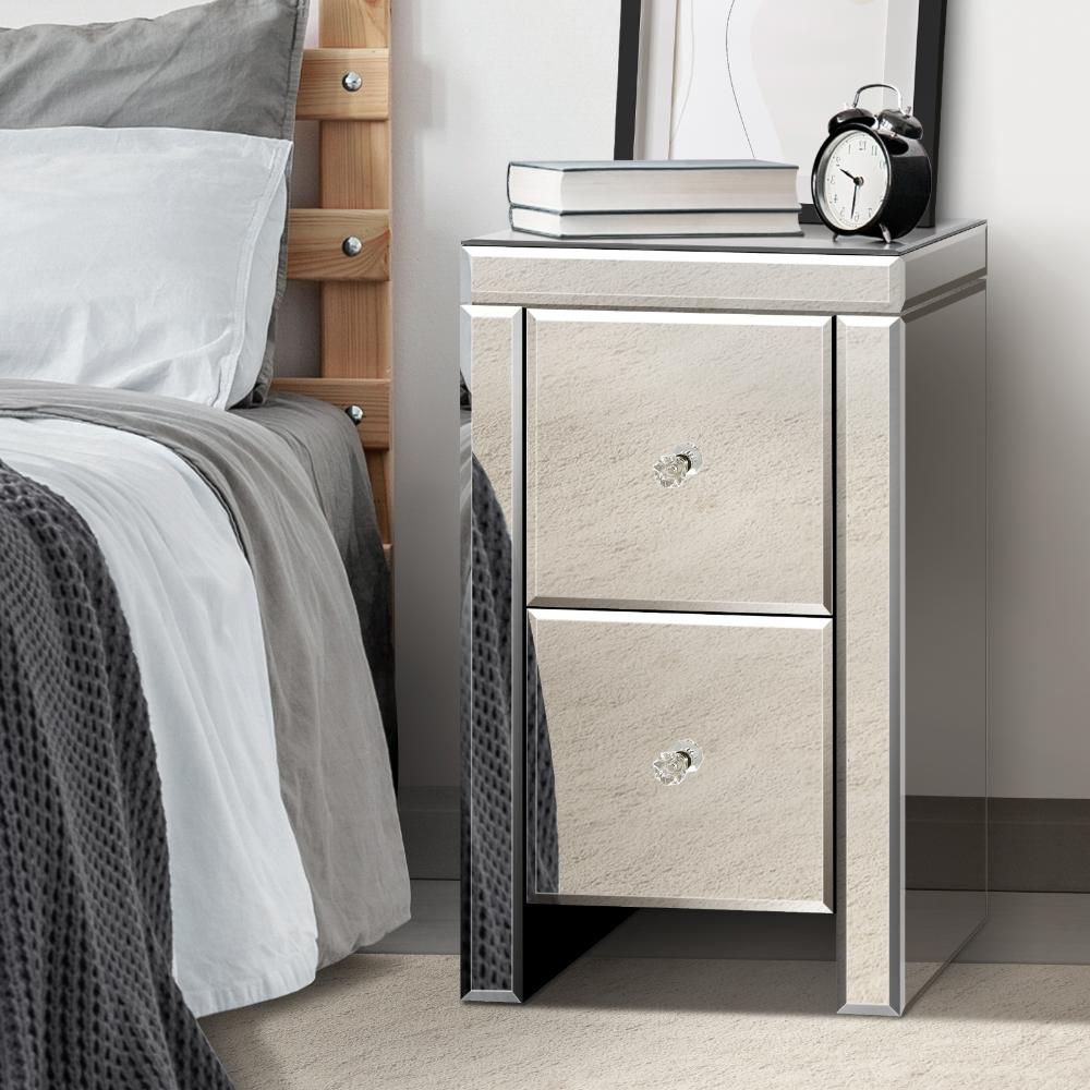 Oikiture Bedside Table, 2 Drawers Mirrored Nightstand Bedroom Storage Cabiner End Table-BedSide Tabless-PEROZ Accessories