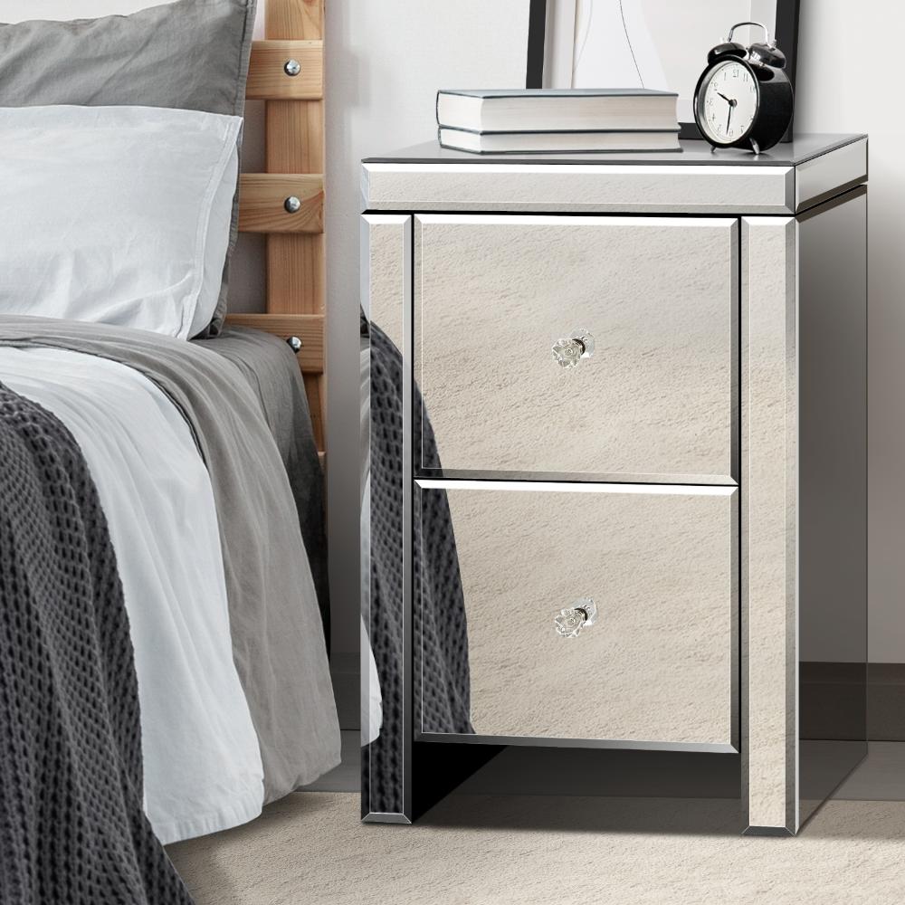 Oikiture Mirrored Bedside Table with 2 Drawers Home Storage Cabiner Nightstand End Table-BedSide Tabless-PEROZ Accessories