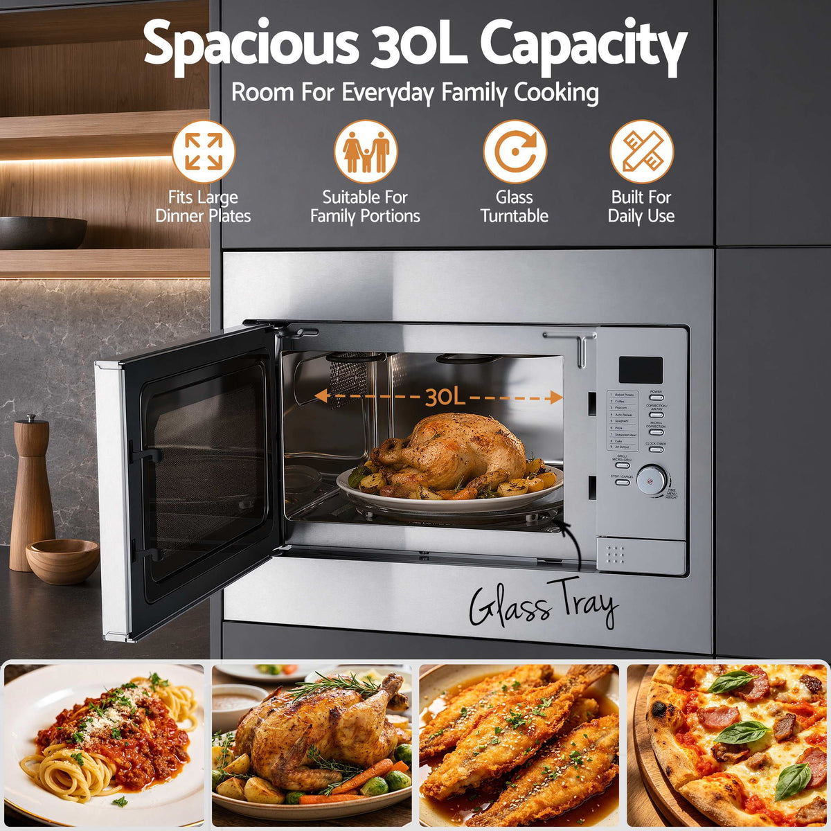 Devanti Built In Microwave Oven 30L Grill Air Fry Convection Silver-Appliances > Kitchen Appliances > Microwave Ovens-PEROZ Accessories