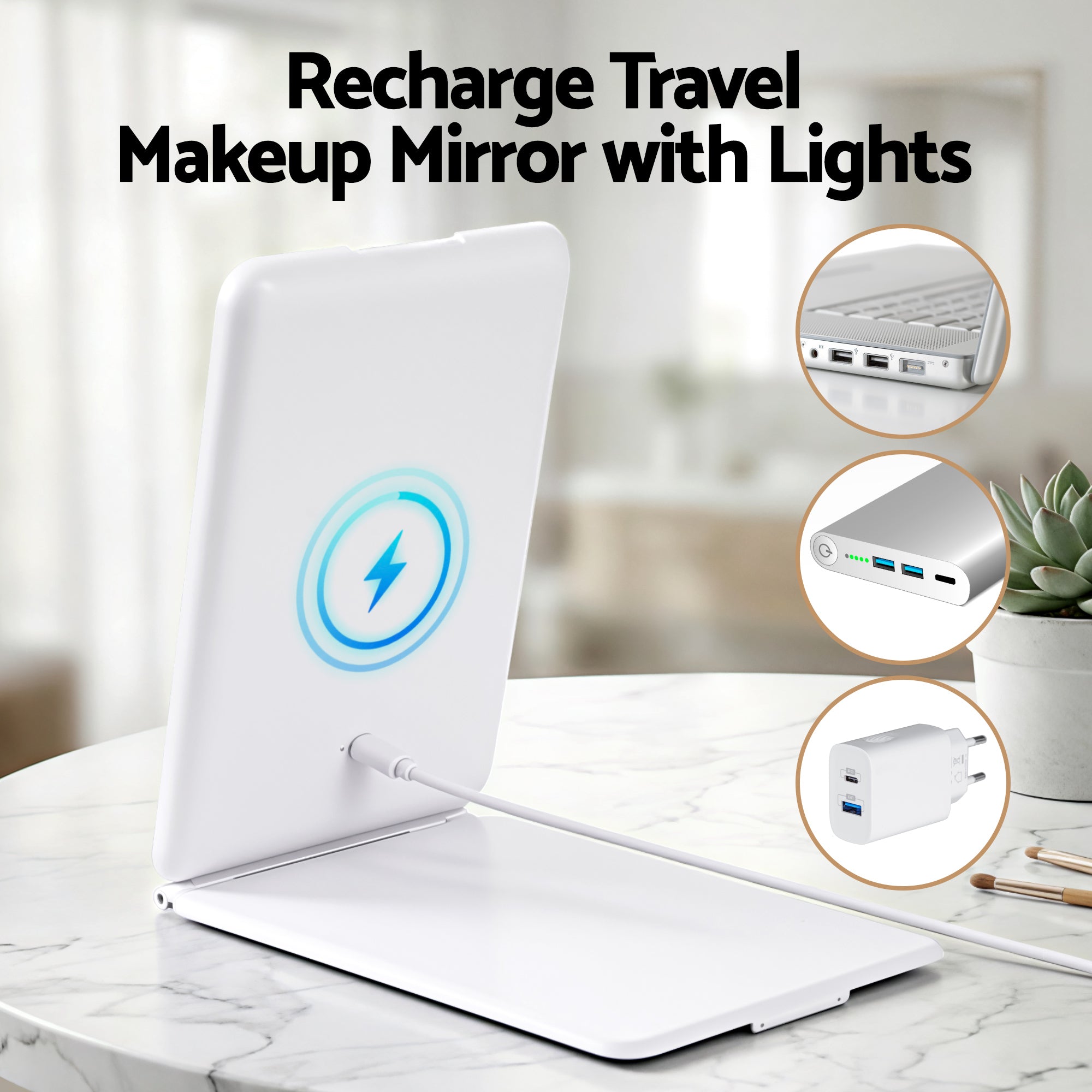 Embellir Portable Travel Makeup Mirror Rechargeable Makeup Mirror with Lights 10x Magnifier White-Health & Beauty > Makeup > Makeup Mirrors-PEROZ Accessories