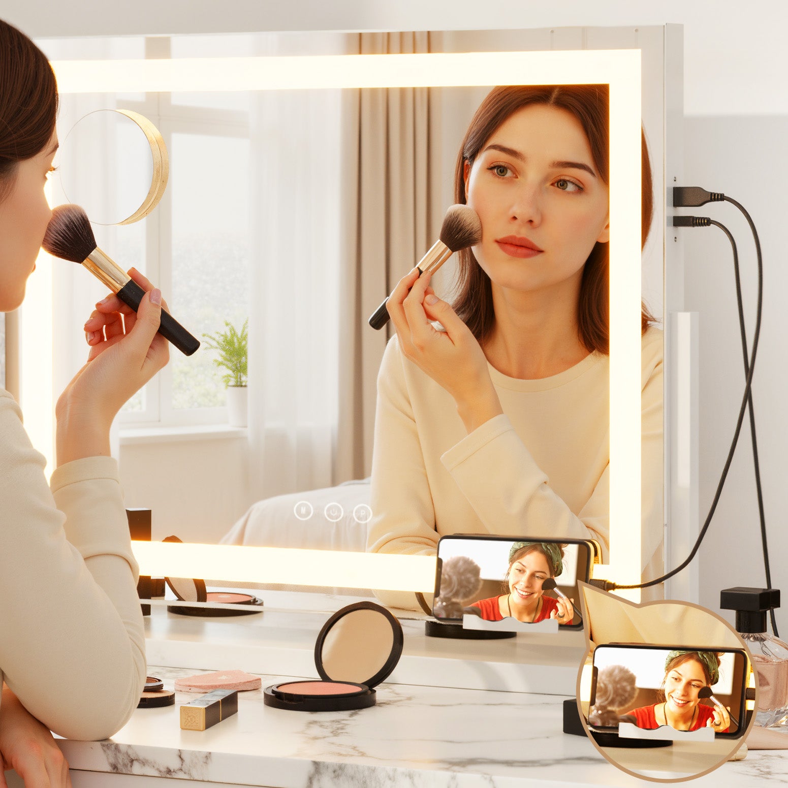 80x65cm Embellir Makeup Mirror Hollywood Vanity with LED Light White Frame-Makeup Mirrors-PEROZ Accessories