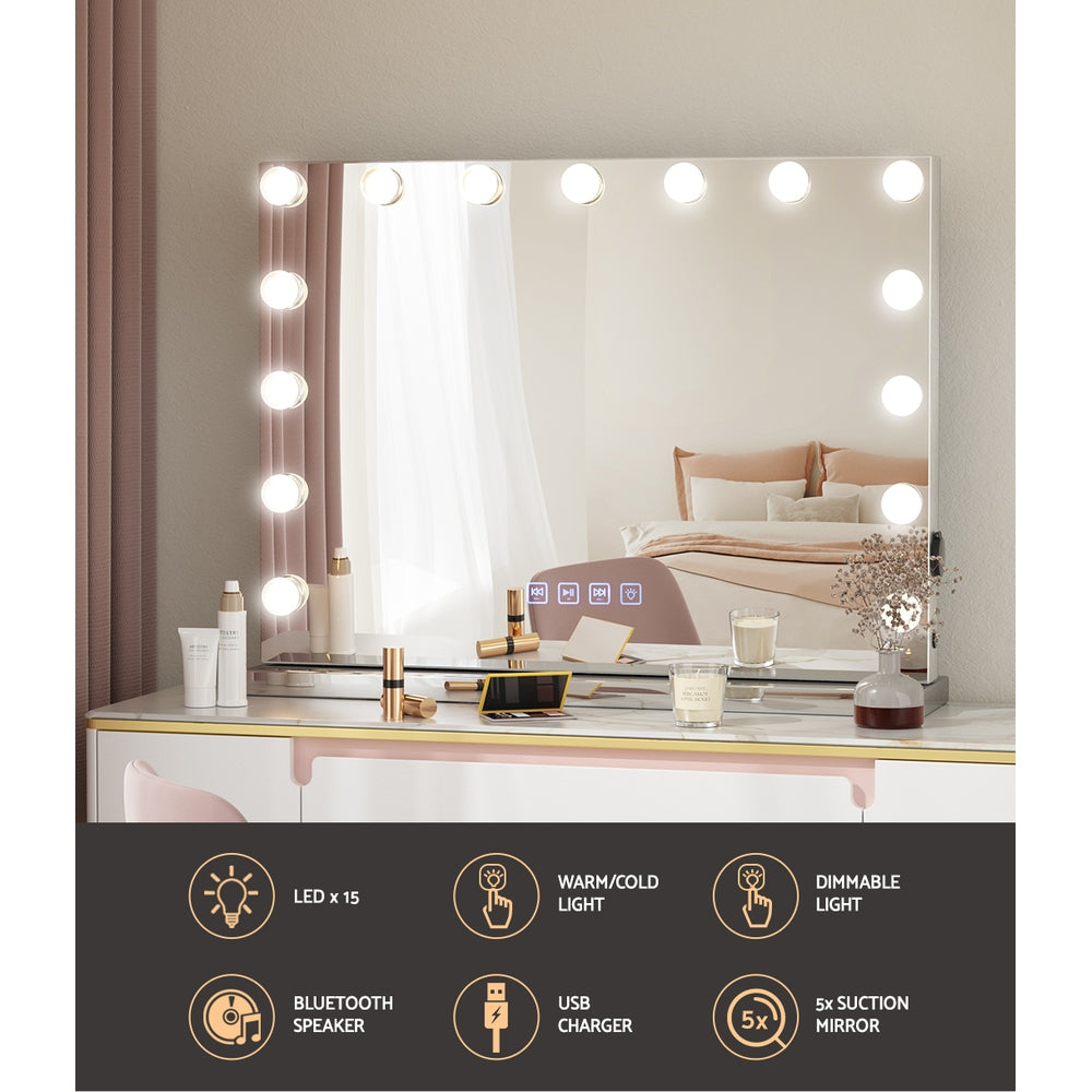 Embellir Bluetooth Makeup Mirror 58x46cm Hollywood Vanity with LED Light Wall-Furniture > Bathroom-PEROZ Accessories
