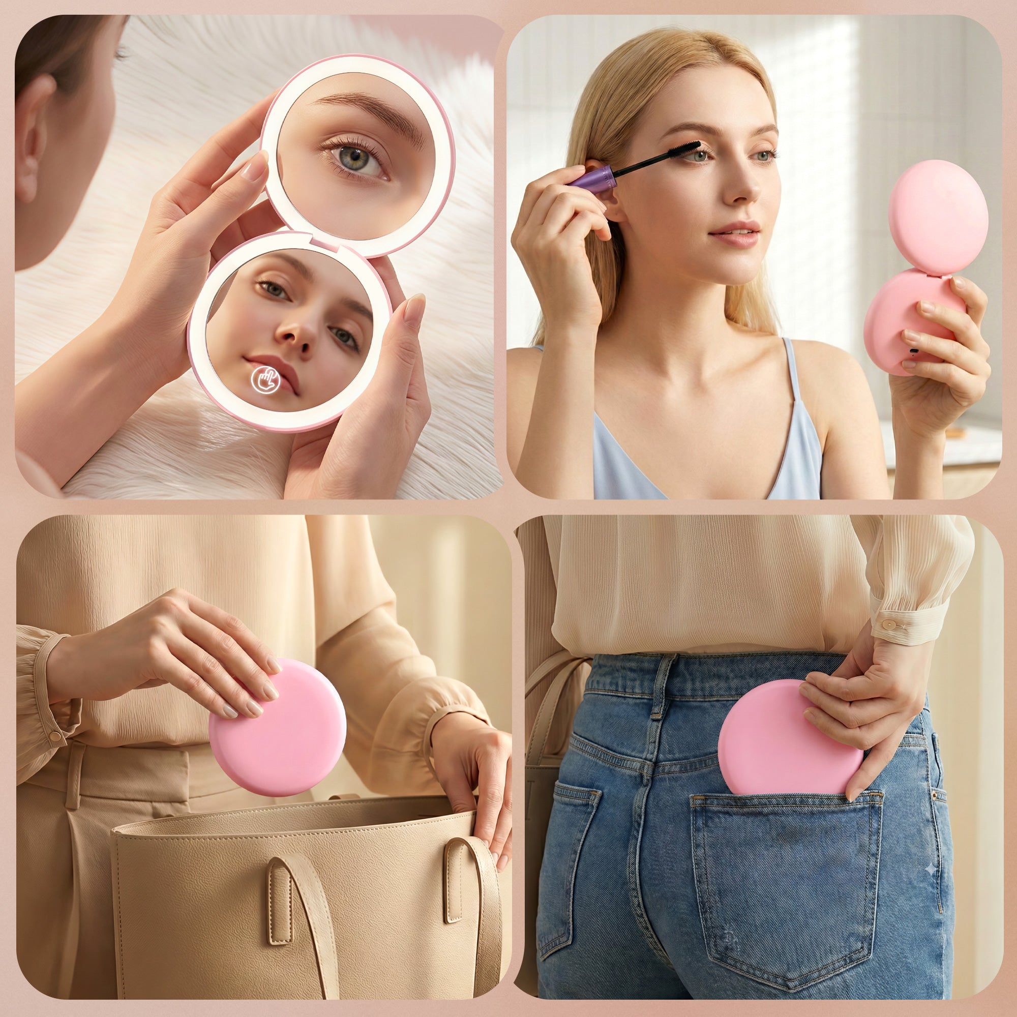 Embellir LED Compact Mirror Lighted Travel Makeup Mirror Pocket-Sized 1x 10x Magnification Round Pink-Health & Beauty > Makeup > Makeup Mirrors-PEROZ Accessories