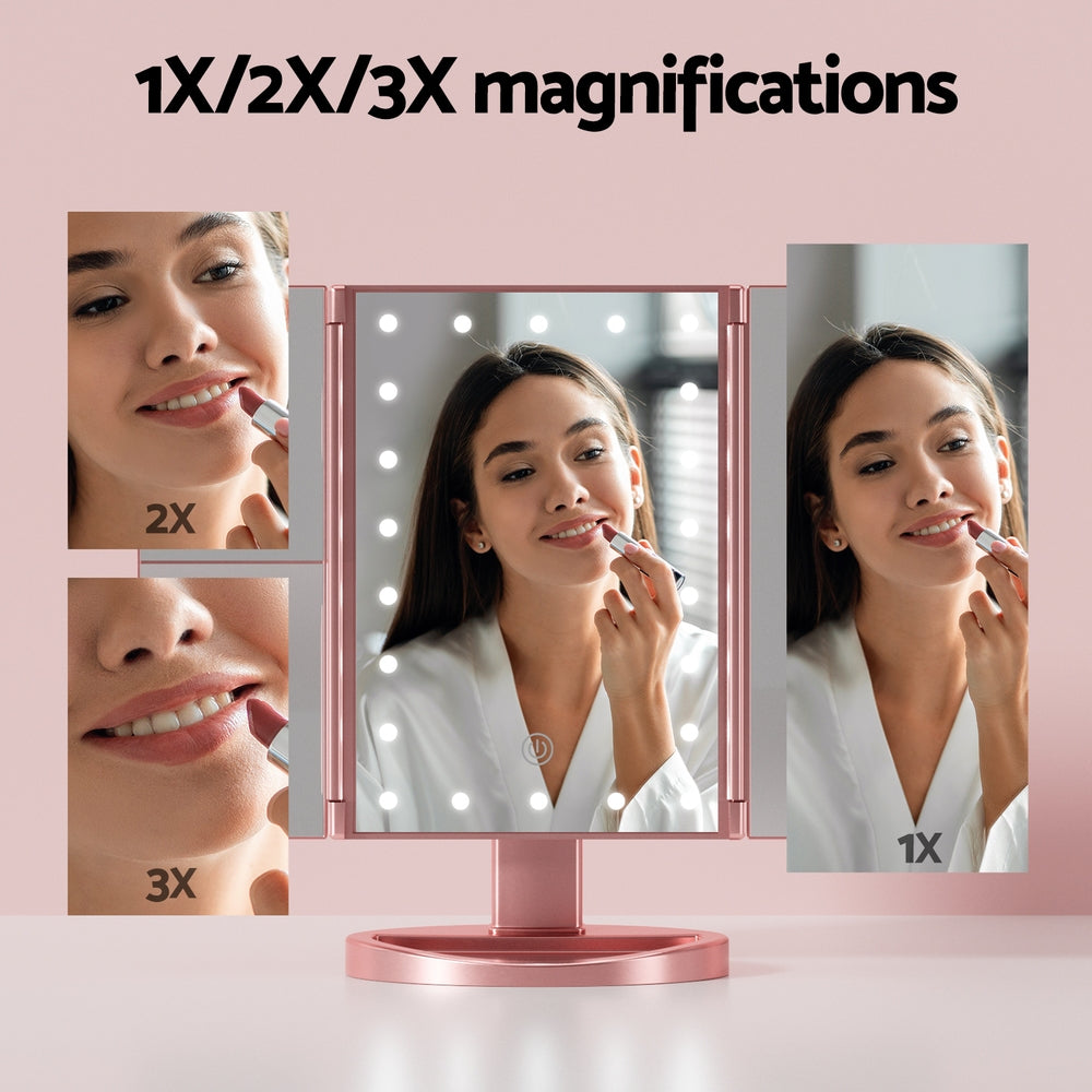 Embellir Tri-fold Makeup Mirror 1X2X3X Magnifying with LED Light Travel Portable Pink-Health & Beauty > Makeup > Makeup Mirrors-PEROZ Accessories