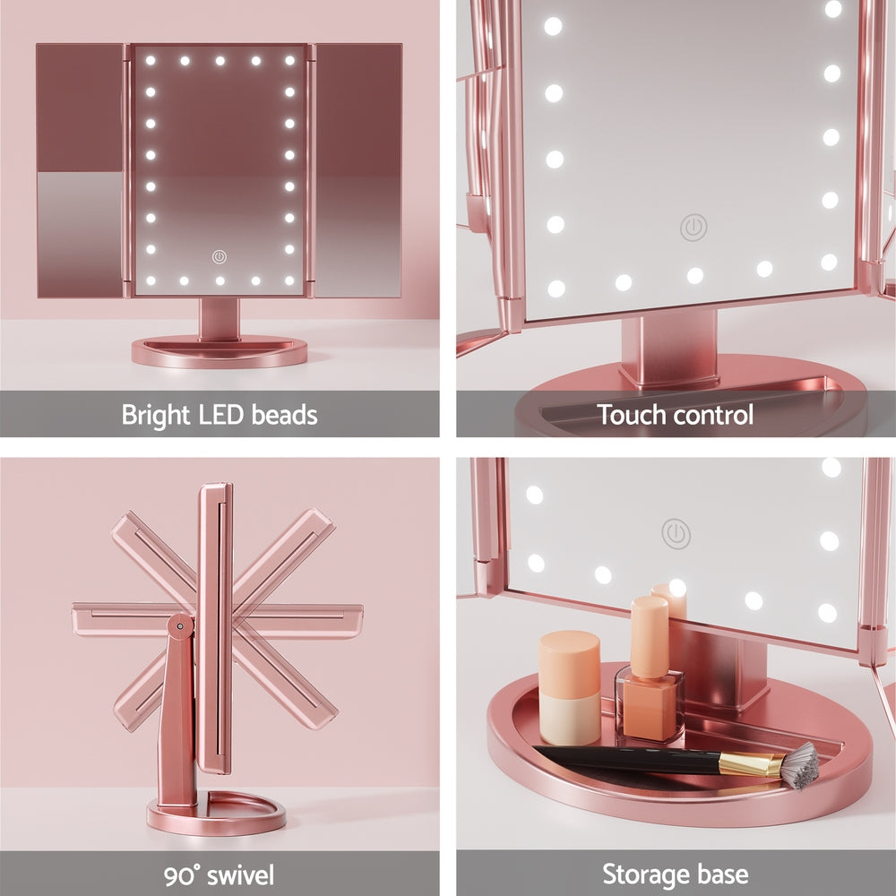 Embellir Tri-fold Makeup Mirror 1X2X3X Magnifying with LED Light Travel Portable Pink-Health & Beauty > Makeup > Makeup Mirrors-PEROZ Accessories