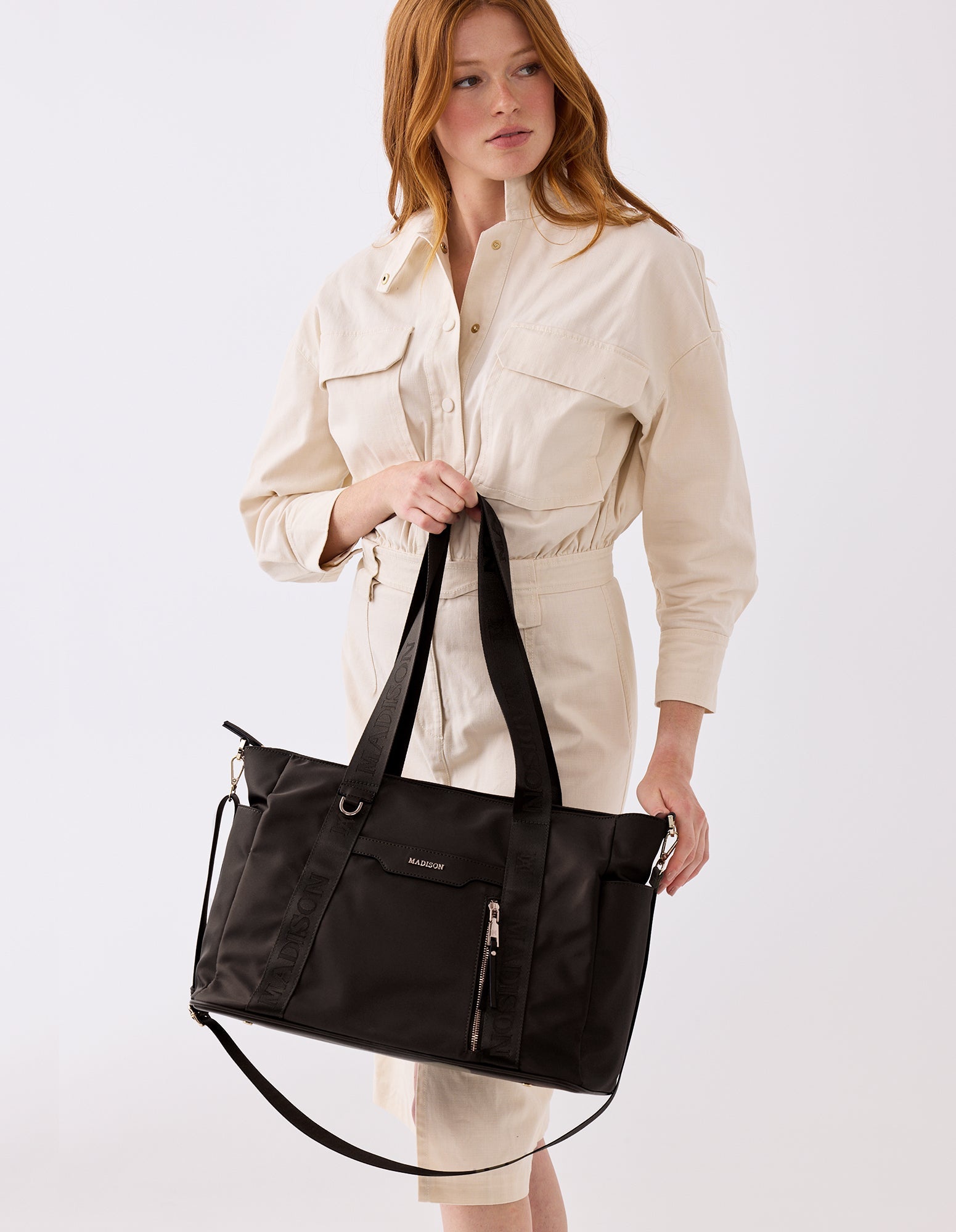 Anita Large Nylon Tote Bag With Monogram Webbing Strap-Tote Bags-PEROZ Accessories
