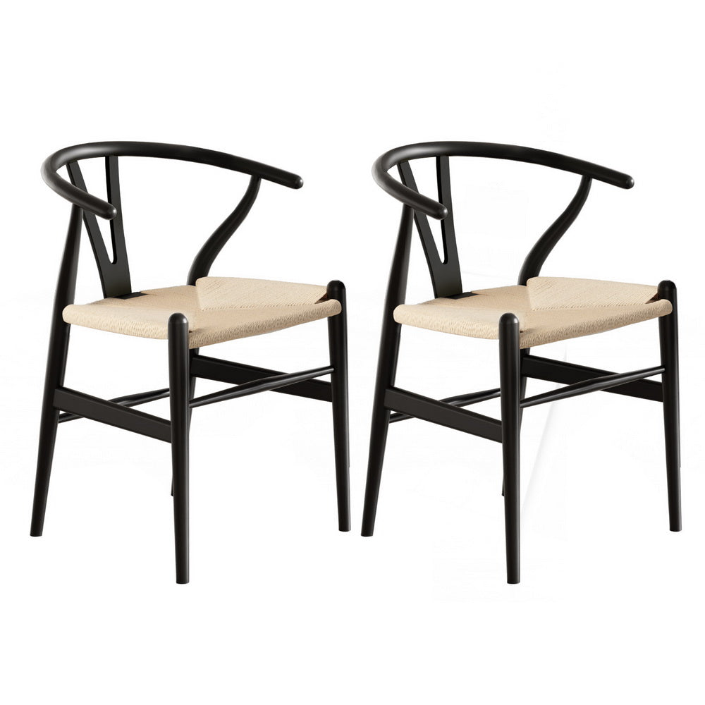 1 Set of 2 Artiss Dining Chairs Wooden Rattan Wishbone Black-Furniture > Dining > Kitchen & Dining Chairs-PEROZ Accessories