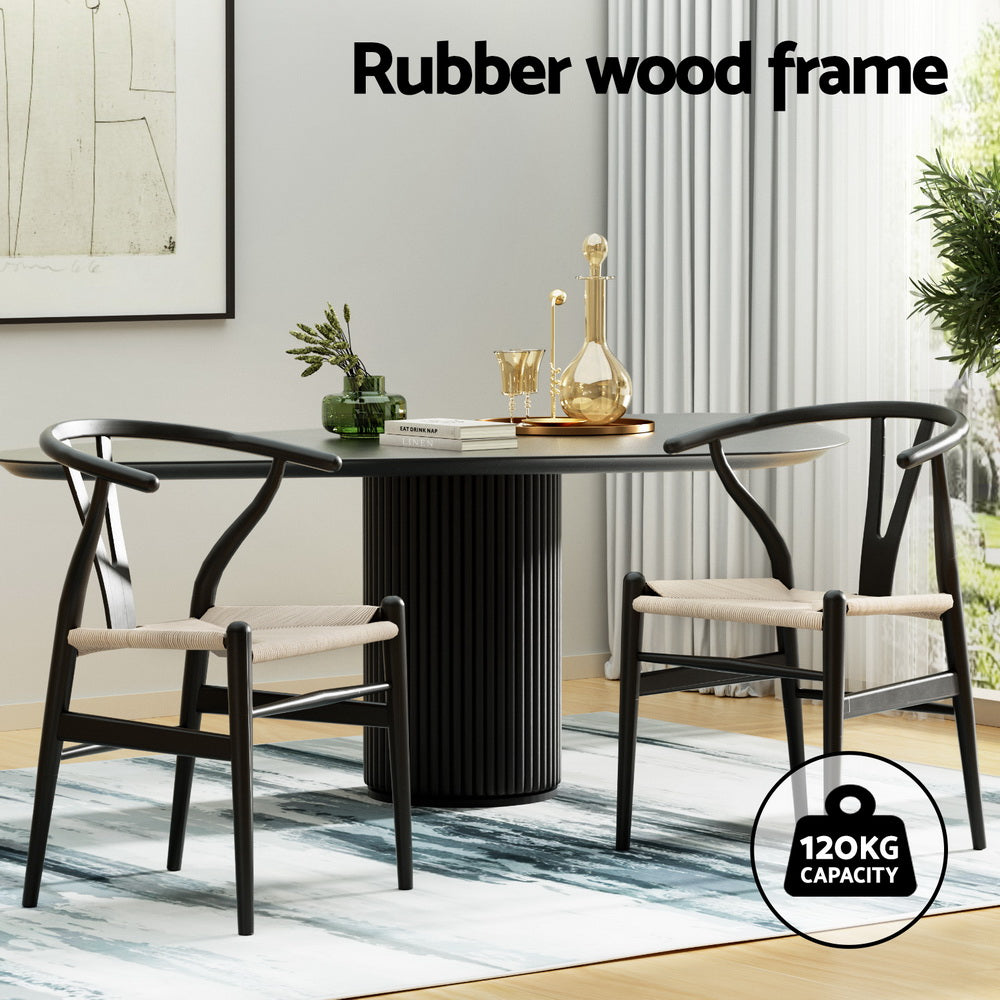 1 Set of 2 Artiss Dining Chairs Wooden Rattan Wishbone Black-Furniture > Dining > Kitchen & Dining Chairs-PEROZ Accessories