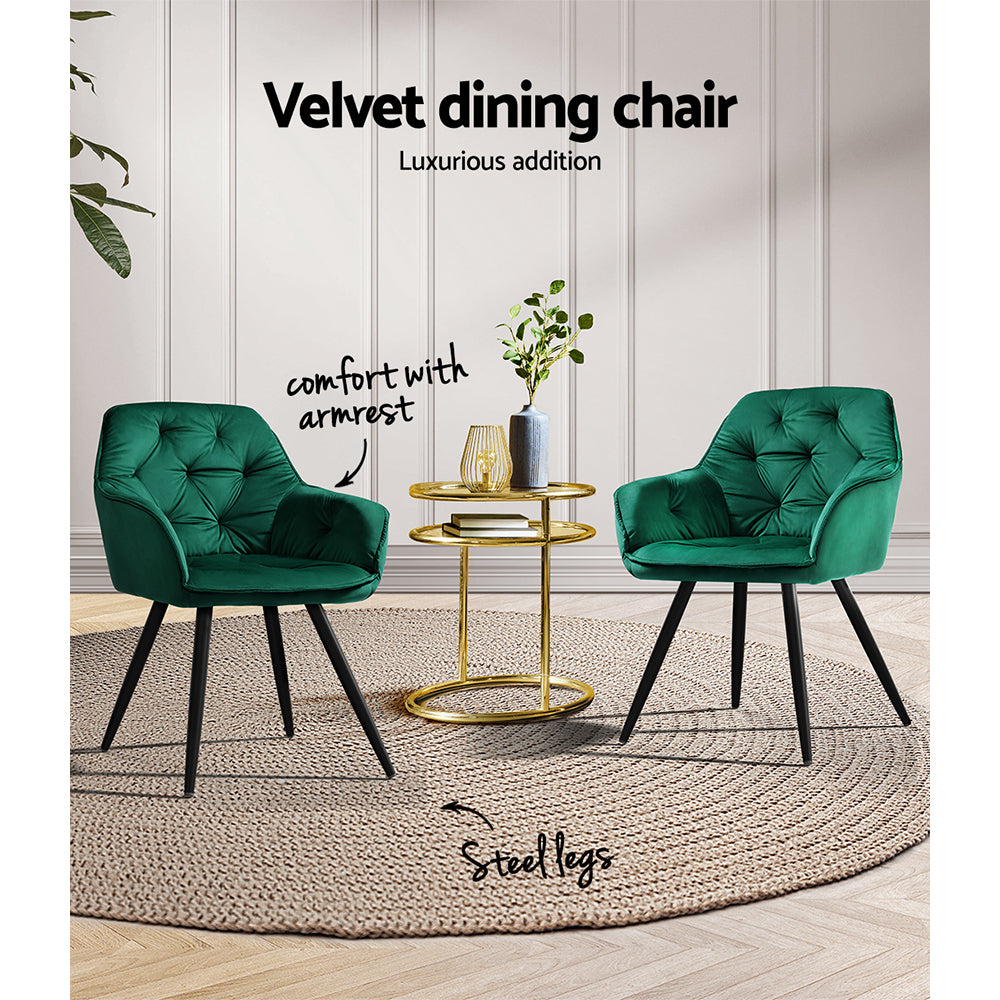 Artiss Dining Chairs Set of 2 Velvet Diamond Tufted Armchair Green-Dining Chairs-PEROZ Accessories