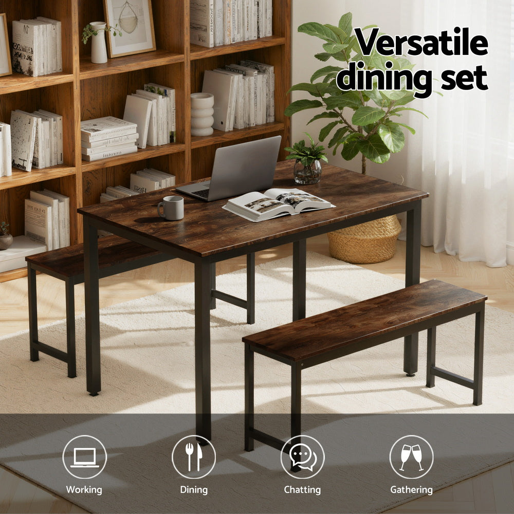 Artiss Dining Table and Chairs Set 3PCS Kitchen Metal Desk Bench Dark Walnut-Furniture > Dining > Dining Set-PEROZ Accessories