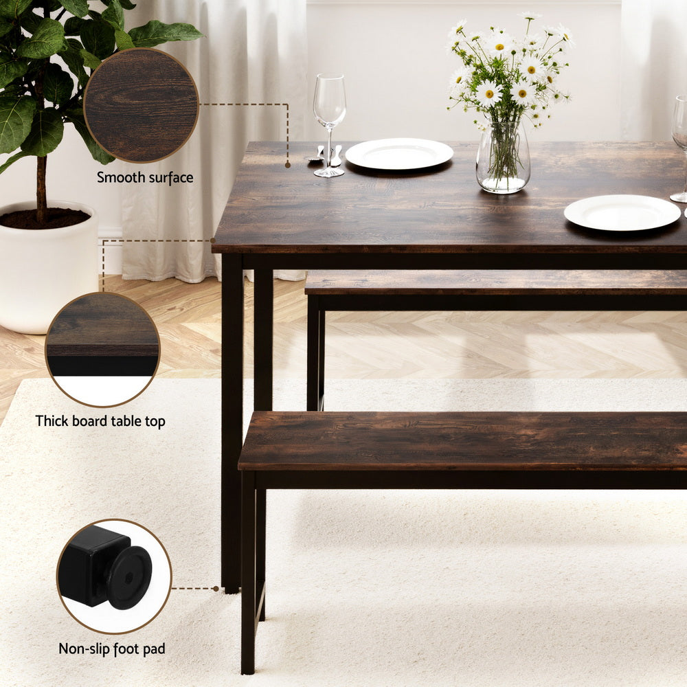 Artiss Dining Table and Chairs Set 3PCS Kitchen Metal Desk Bench Dark Walnut-Furniture > Dining > Dining Set-PEROZ Accessories