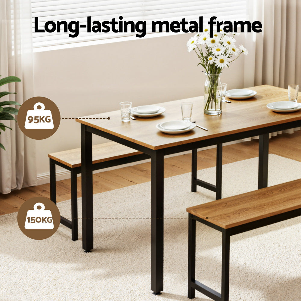 Artiss Dining Table and Chairs Set 3PCS Kitchen Metal Desk Bench Natural Oak-Furniture > Dining > Dining Set-PEROZ Accessories