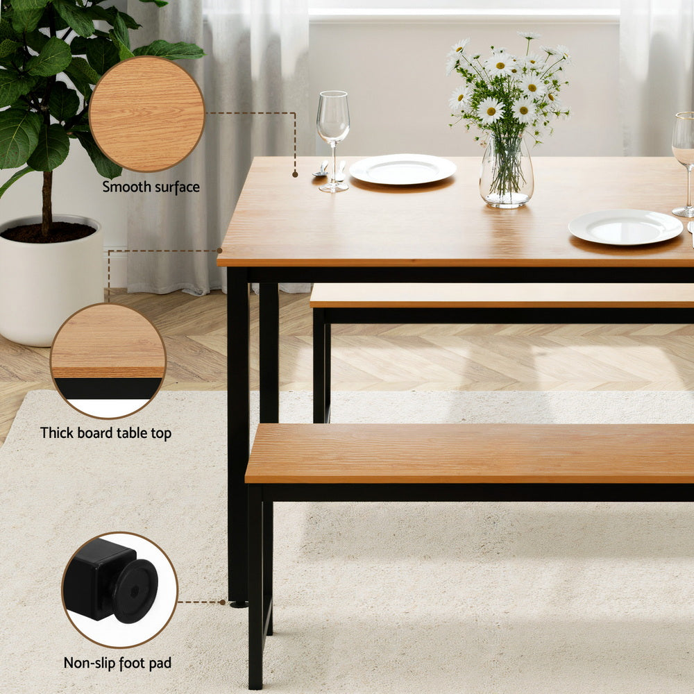 Artiss Dining Table and Chairs Set 3PCS Kitchen Metal Desk Bench Natural Oak-Furniture > Dining > Dining Set-PEROZ Accessories