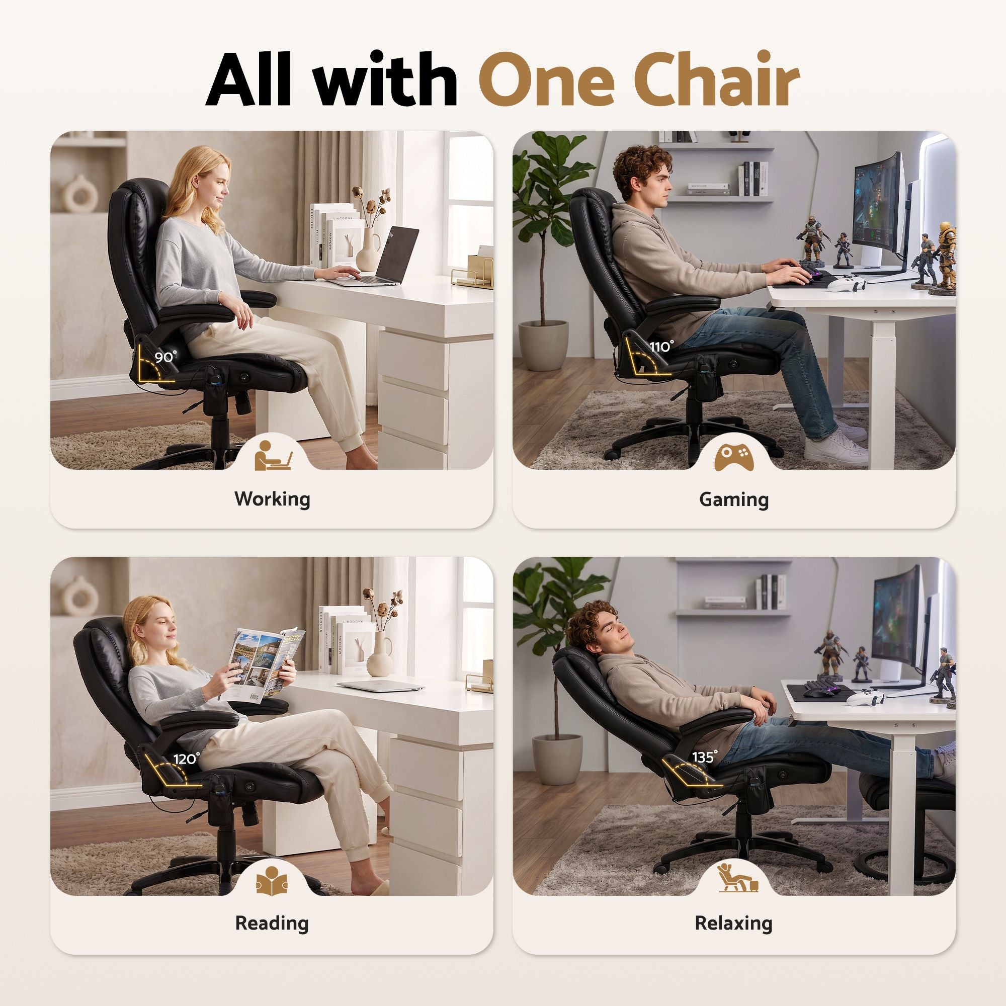 Artiss 8 Point Massage Office Chair Heated Seat Recliner PU Black-Furniture > Office-PEROZ Accessories