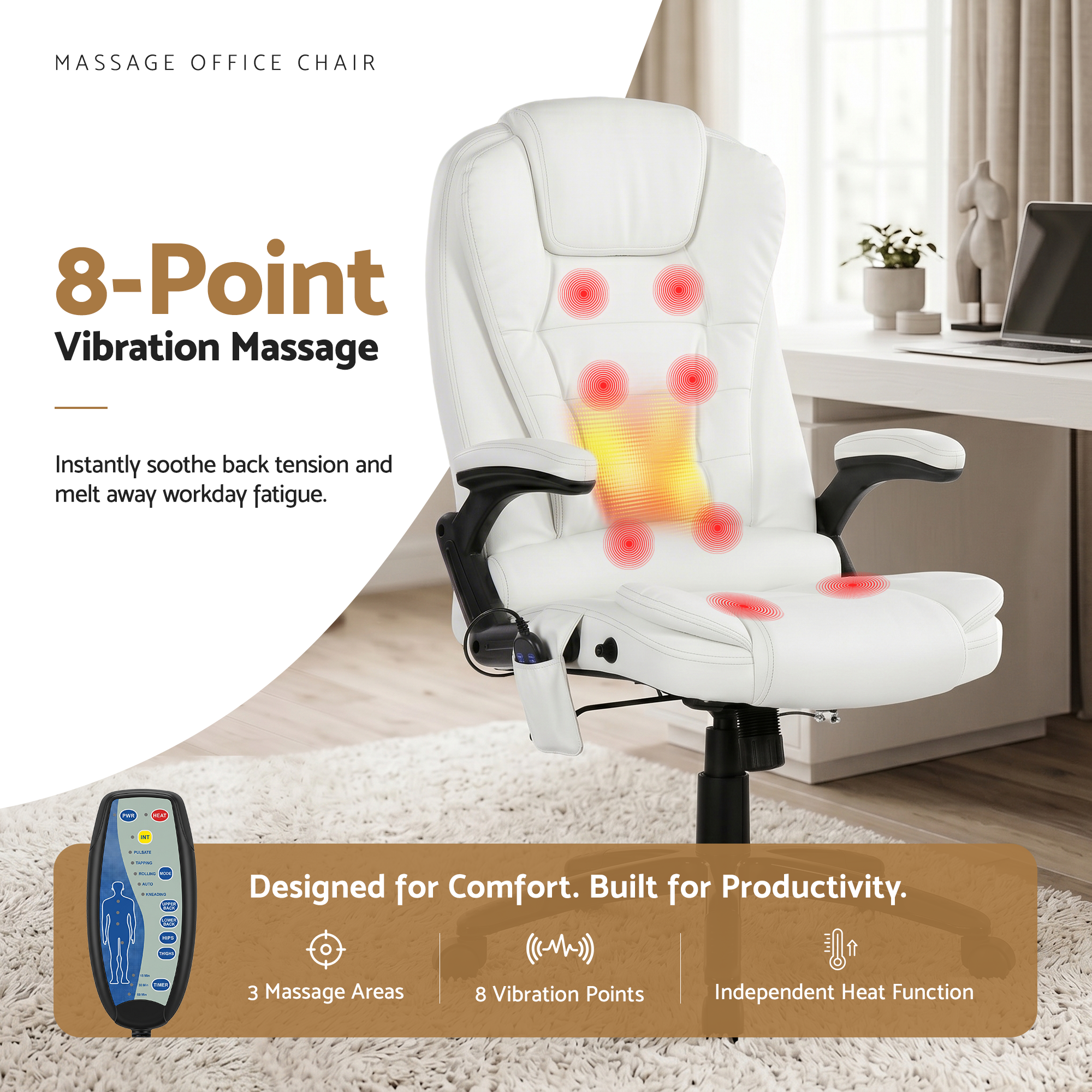 Artiss 8 Point Massage Office Chair Heated Seat Recliner PU White-Furniture > Office-PEROZ Accessories