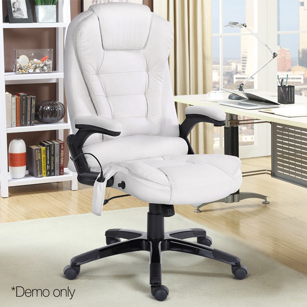 Artiss 8 Point Massage Office Chair Heated Seat Recliner PU White-Furniture > Office-PEROZ Accessories
