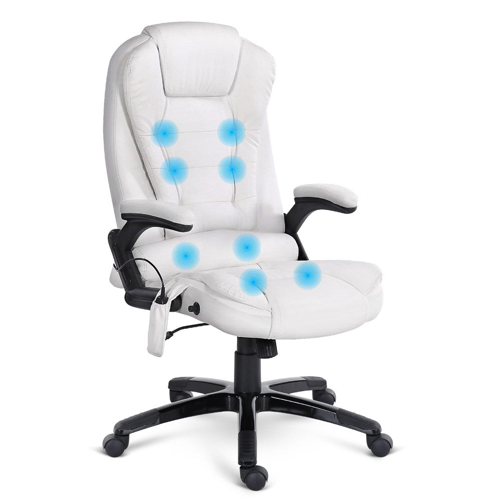 Artiss 8 Point Massage Office Chair Heated Seat Recliner PU White-Furniture > Office-PEROZ Accessories