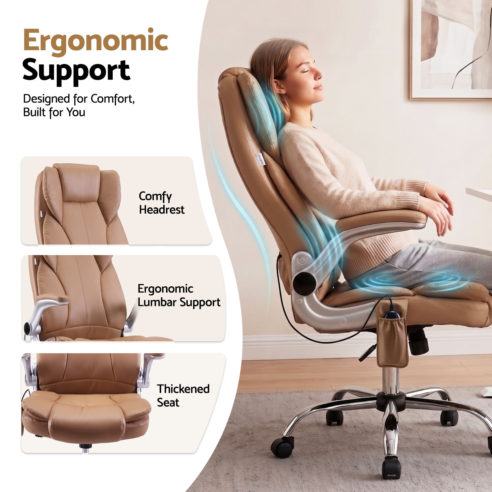 Artiss 8 Point Massage Office Chair PU Leather Espresso-Office Chairs-PEROZ Accessories