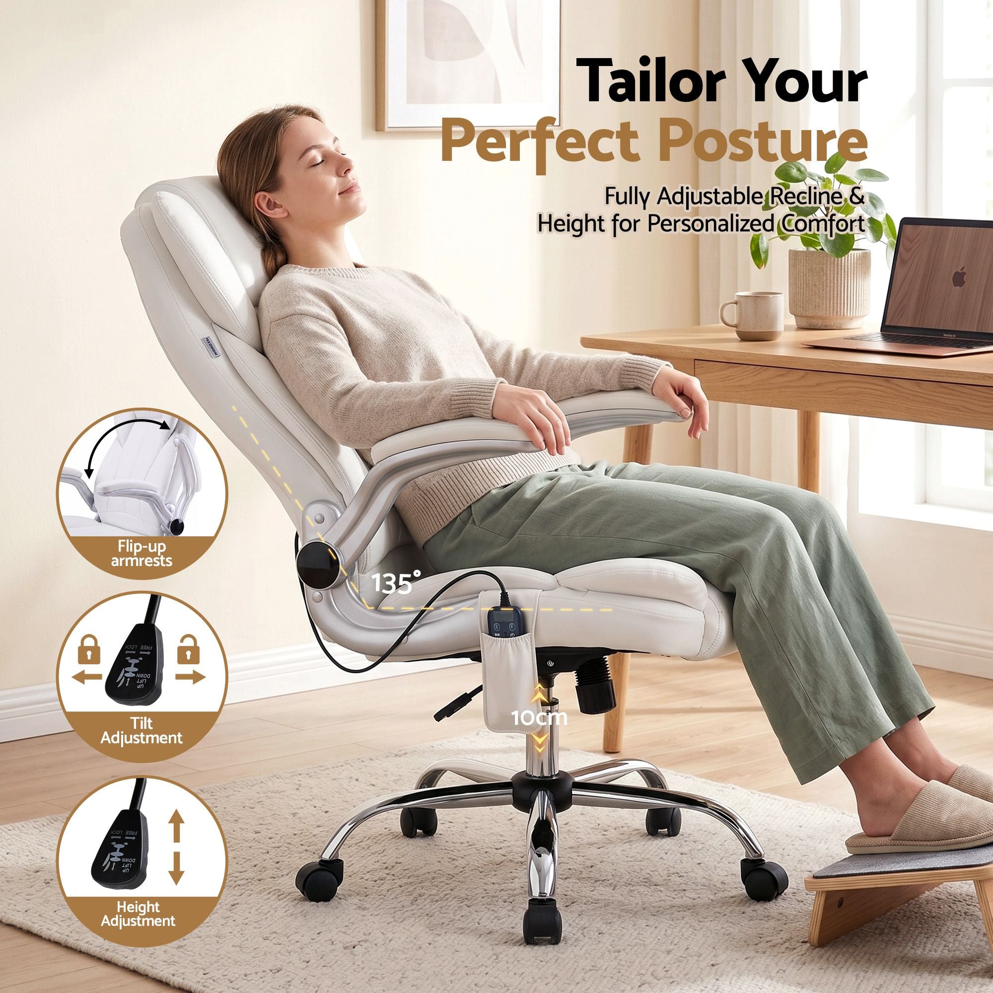 Artiss 8 Point Massage Office Chair PU Leather White-Furniture > Office-PEROZ Accessories