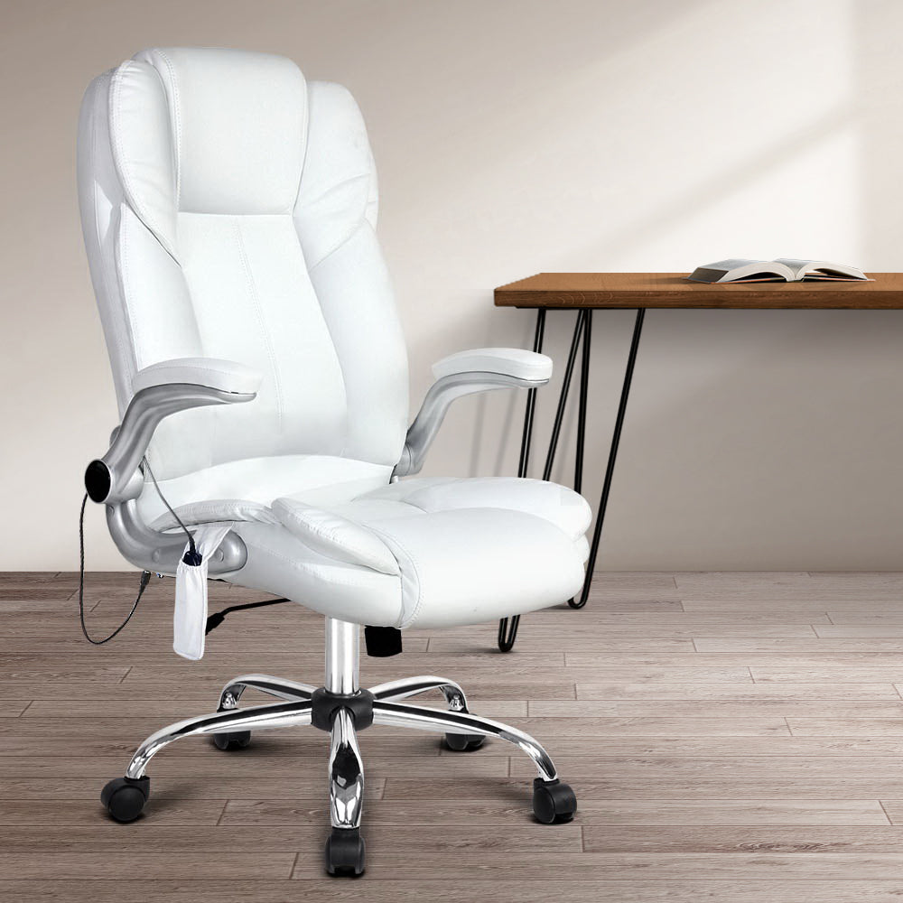 Artiss 8 Point Massage Office Chair PU Leather White-Furniture > Office-PEROZ Accessories