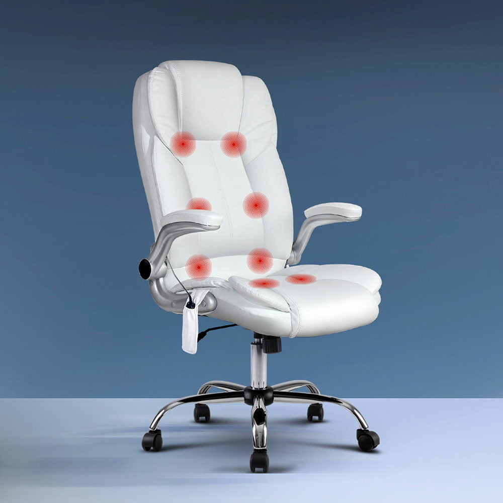 Artiss 8 Point Massage Office Chair PU Leather White-Furniture > Office-PEROZ Accessories