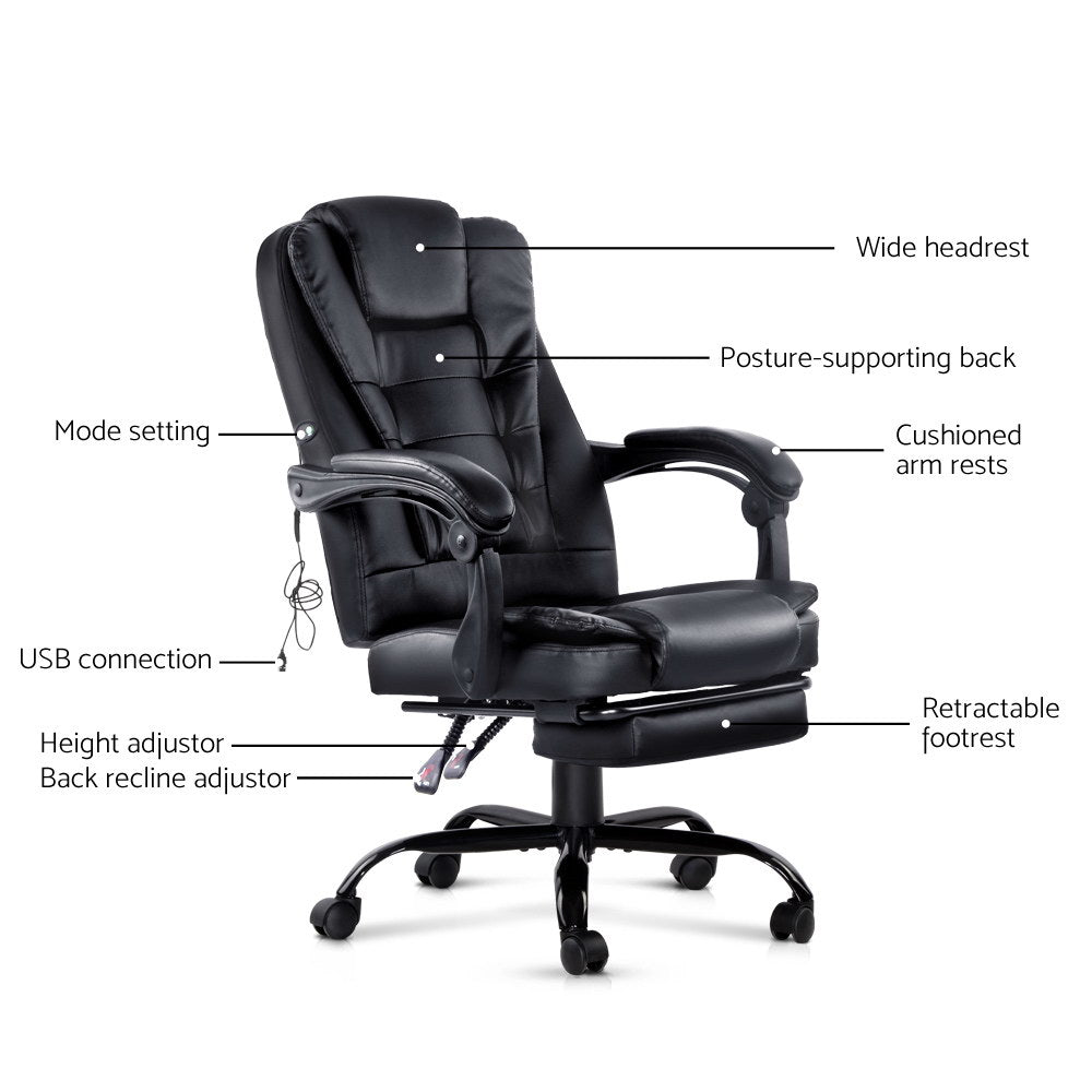 Artiss 2 Point Massage Office Chair PU Leather Footrest Black-Furniture > Office-PEROZ Accessories