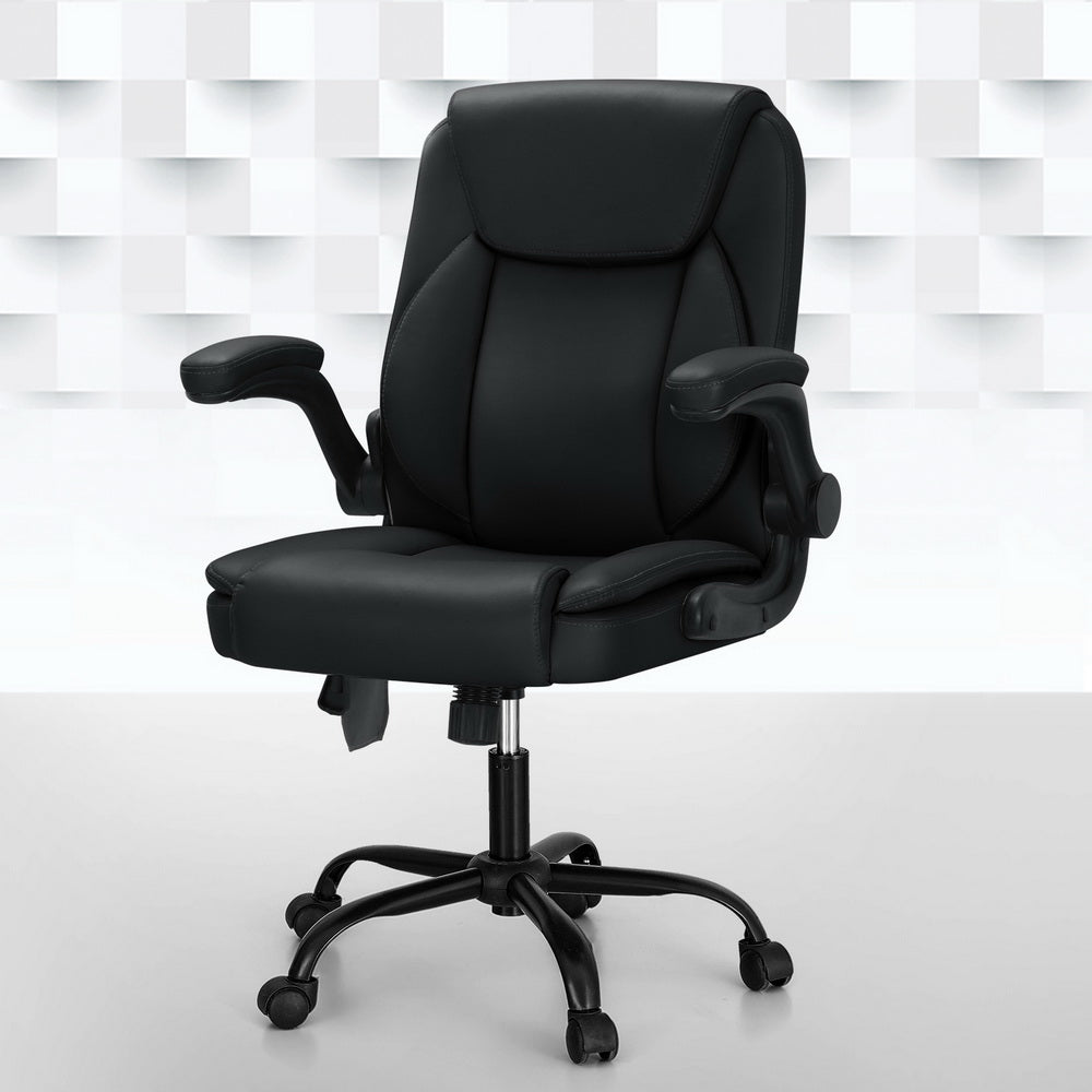 Artiss 2 Point Massage Office Chair Leather Mid Back Black-Furniture > Office-PEROZ Accessories