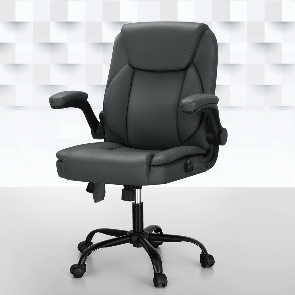 Artiss 2 Point Massage Office Chair Leather Mid Back Grey-Furniture > Office-PEROZ Accessories