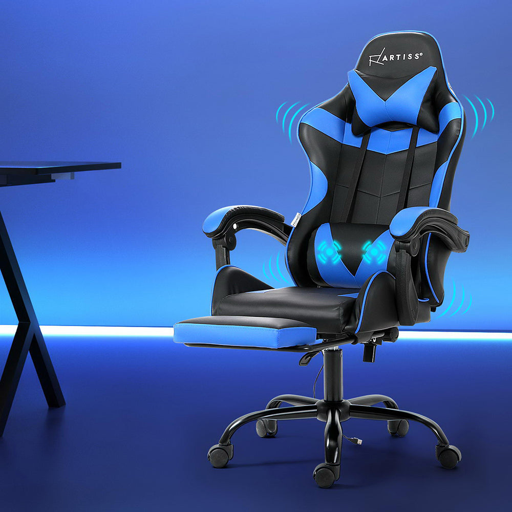 Artiss 2 Point Massage Gaming Office Chair Footrest Blue-Furniture > Office-PEROZ Accessories