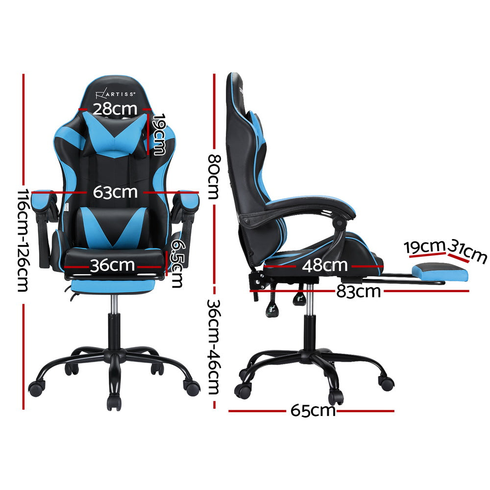 Artiss 2 Point Massage Gaming Office Chair Footrest Cyan Blue-Furniture > Bar Stools & Chairs-PEROZ Accessories