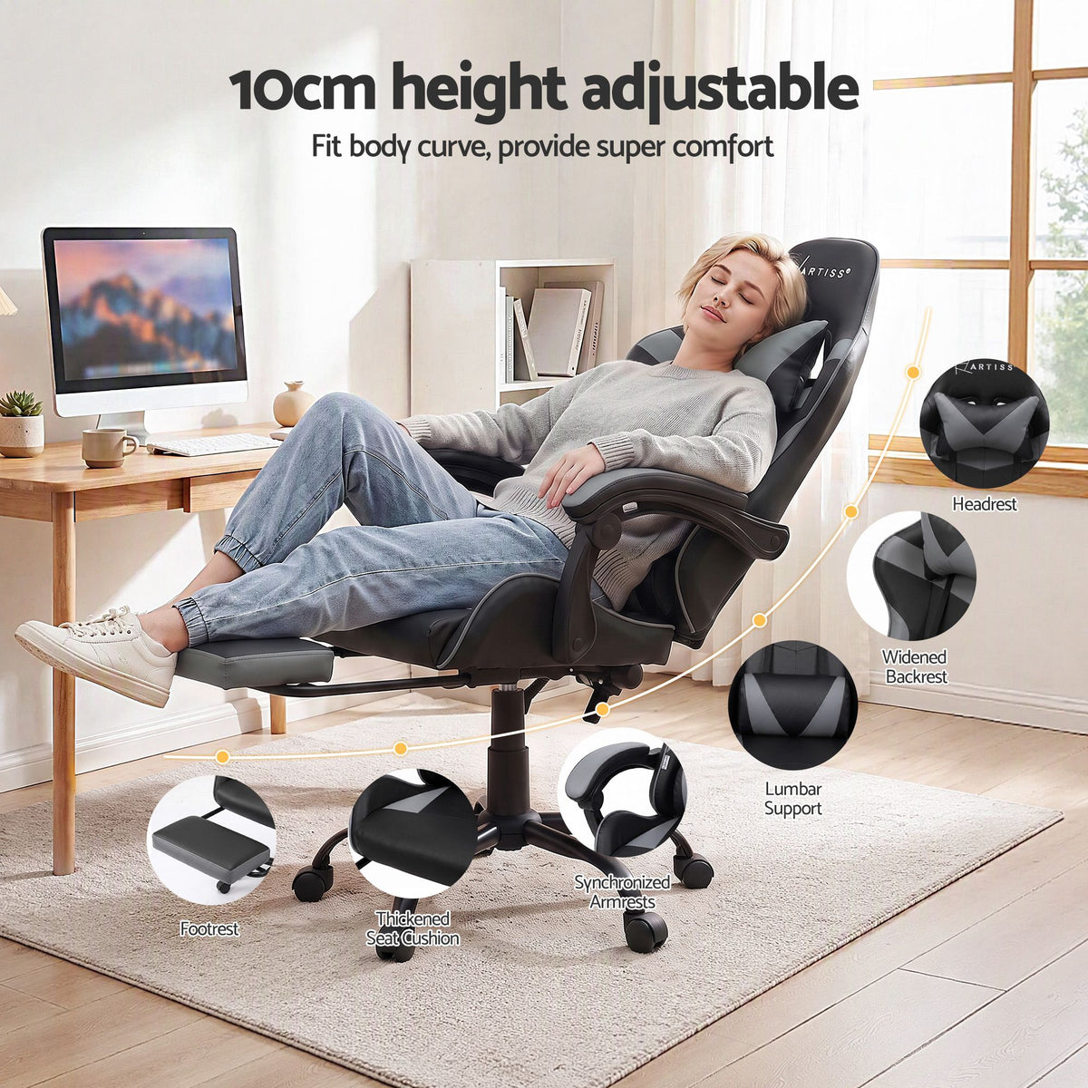 Artiss 2 Point Massage Gaming Office Chair Footrest Grey-Furniture > Bar Stools & Chairs-PEROZ Accessories