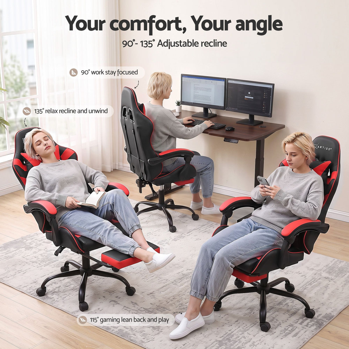 Artiss 2 Point Massage Gaming Office Chair Footrest Red-Furniture > Bar Stools & Chairs-PEROZ Accessories