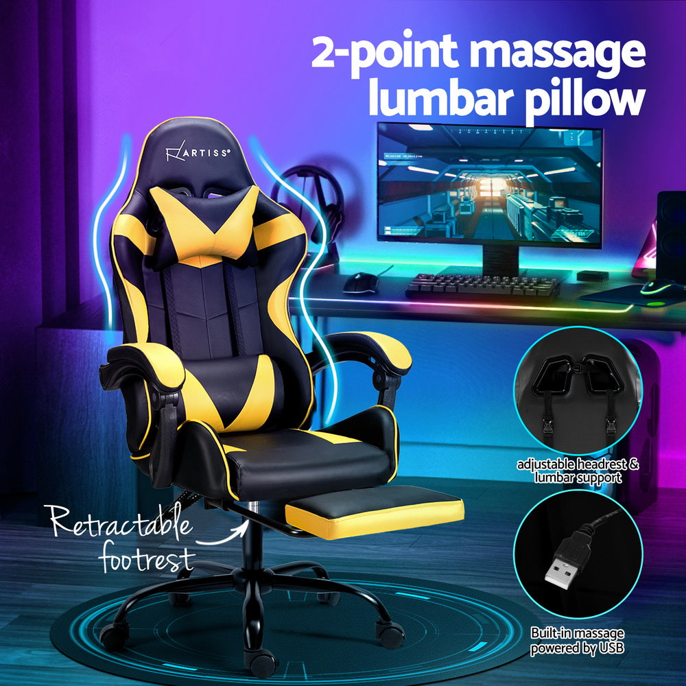 Artiss 2 Point Massage Gaming Office Chair Footrest Yellow-Furniture > Bar Stools & Chairs-PEROZ Accessories