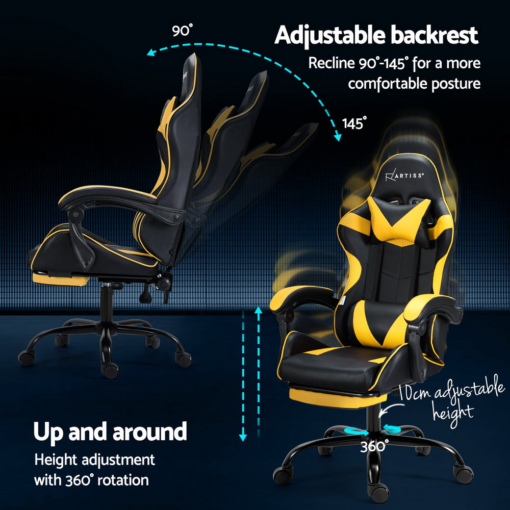 Artiss 2 Point Massage Gaming Office Chair Footrest Yellow-Furniture > Bar Stools & Chairs-PEROZ Accessories