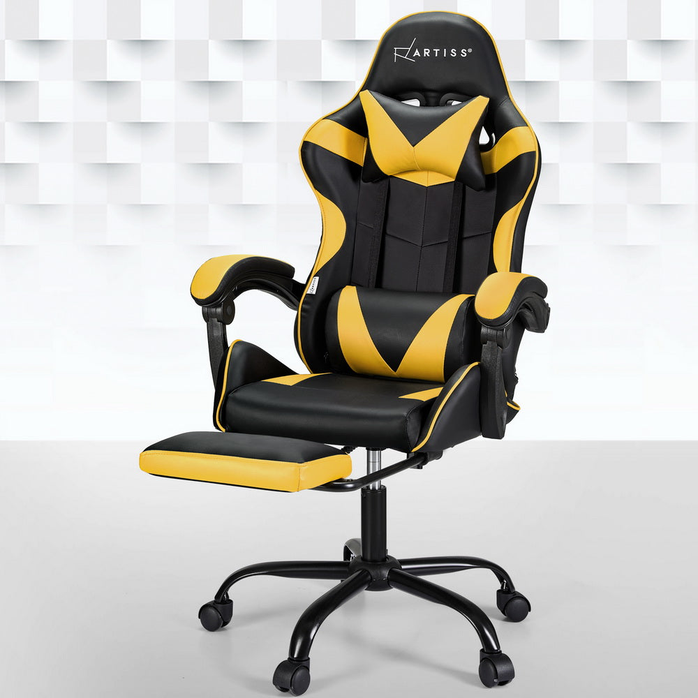 Artiss 2 Point Massage Gaming Office Chair Footrest Yellow-Furniture > Bar Stools & Chairs-PEROZ Accessories